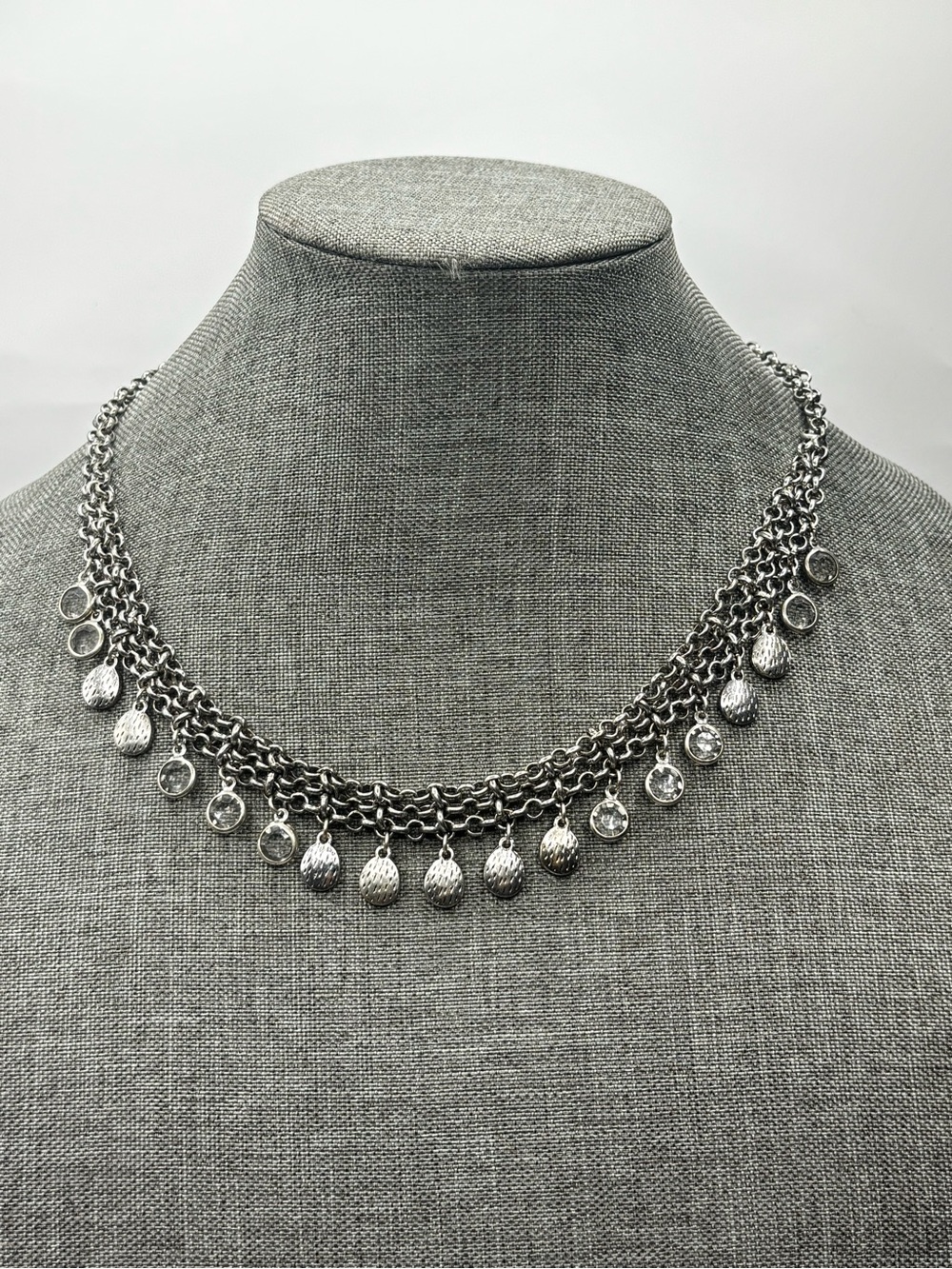 Silver Tone Multi Chain Charm Necklace Cha Cha Dangle Glass Textured Girlypunk